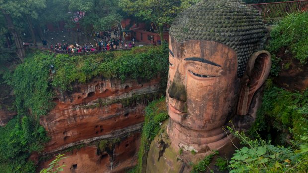 The 71m tall Giant Buddha (Dafo), carved out of the mountain in the 8th century CE, Leshan, Sichuan province.