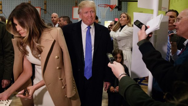 Donald Trump was heckled as he voted on Tuesday morning.
