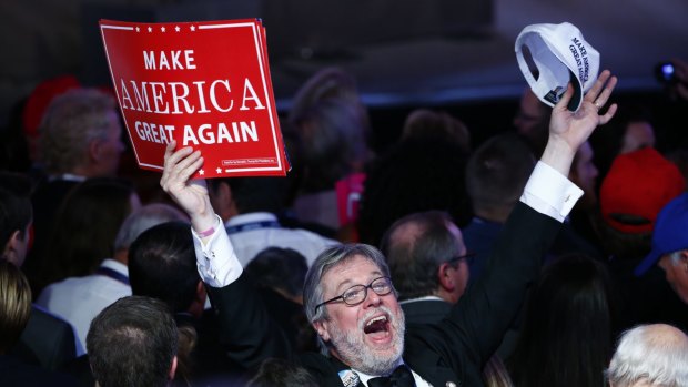 Supporters celebrate at Donald Trump's election night event at the New York Hilton Midtown.