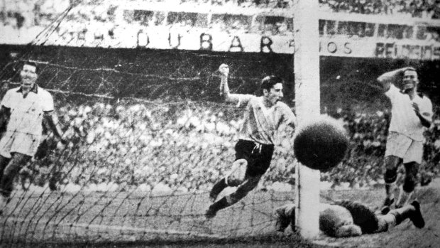 Uruguay player Ghiggia scores during the World Cup Final, against Brazil, in Rio de Janeiro in 1950.
