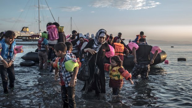 Syrian refugees wade ashore after arriving via a motorised inflatable raft on the island of Kos in Greece.