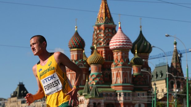 Shawn Forrest competing at the 2013 World Athletics Championships in Moscow.