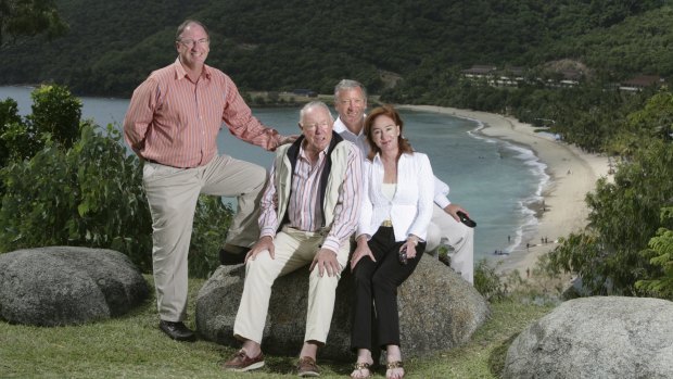 Hamilton Island Owner, Billionaire, Mr Bob Oatley, with his children, Sandy, left, and Ian and Ros, overlooking Hamilton Island's main beach