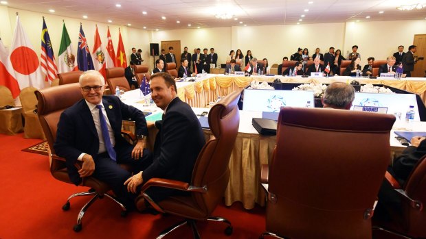 Steve Ciobo and Prime Minister Malcolm Turnbull attended a meeting during the APEC summit to negotiate the Trans-Pacific Partnership but Canada sensationally didn't show up.