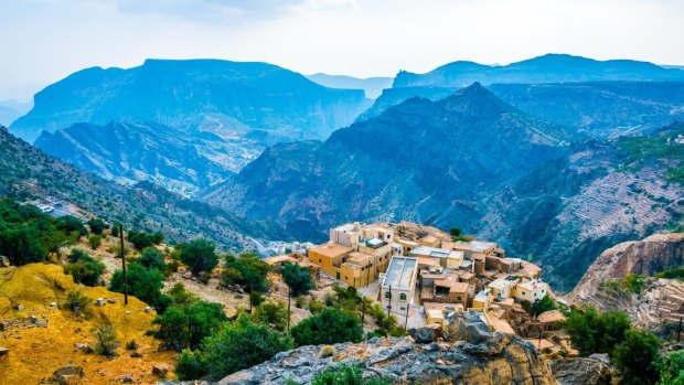 View of small rural villages situated on the Saiq Plateau at the Jebel Akhdar mountain in Oman.