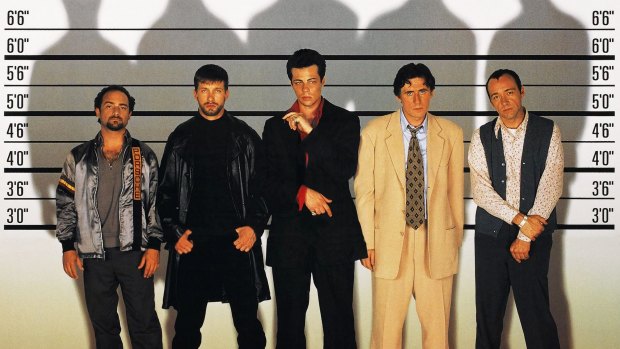 Byrne and Spacey (far right) with Kevin Pollak, Stephen Baldwin and Benicio del Toro in The Usual Suspects.