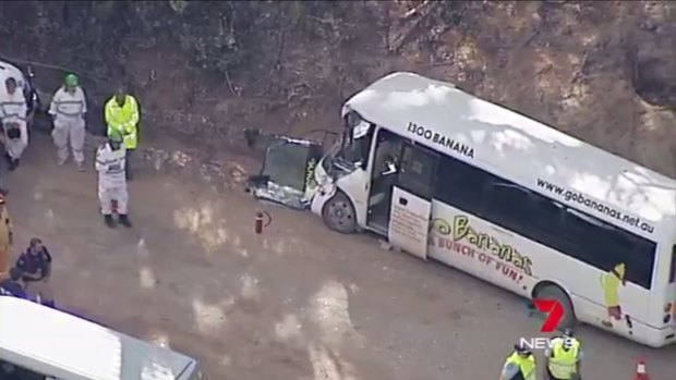 A damaged bus at the scene of an accident in the Blue Mountains on Thursday.