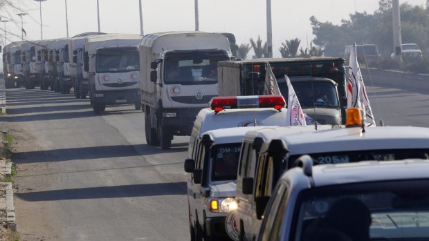 A convoy of trucks loaded with humanitarian supplies are seen heading to Madaya on Thursday.