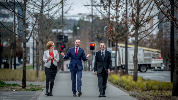 Higher Education Minister Meegan Fitzharris, Chief Minister Andrew Barr and UNSW Canberra rector Michael Frater announcing the potential expansion earlier this year.