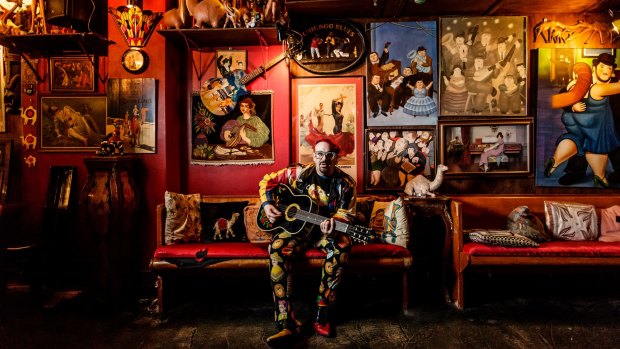 Colourful character: Yaron Hallis among his many camels in Marrickville's Camelot Lounge.
