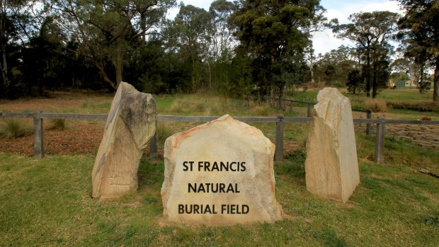 St Francis Natural Burial Field at Catholic Kemps Creek Cemetery, Sydney, where there are no formal headstones or monuments and burials are made in biodegradable coffins in a natural environment. 