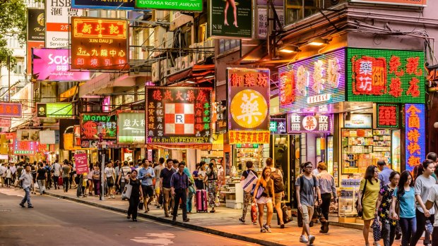 Neon lights on Tsim Sha Tsui street, Hong Kong.