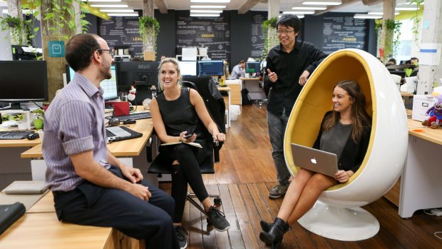 From left: Yianni Conomos (Co founder), Ellie Gray (marketing), Chester Lin and Jessica Wilson (founder CEO) of the company Stashd App, work out of the Fishburners startup hub. The startup hub provides spaces and support for new tech businesses. 