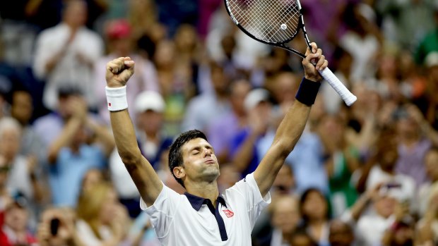 Novak Djokovic celebrates his win on day seven.