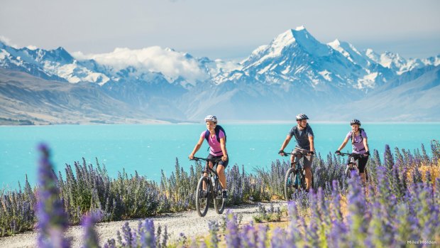 Riders on the track at Lake Pukaki, Canterbury, with Mount Cook in the background.