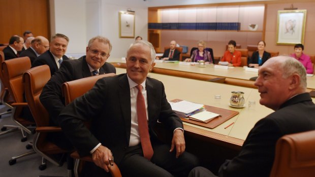 Treasurer Scott Morrison, Prime Minister Malcolm Turnbull and Deputy Prime Minister Warren Truss at a gathering of leaders from business, unions and community.