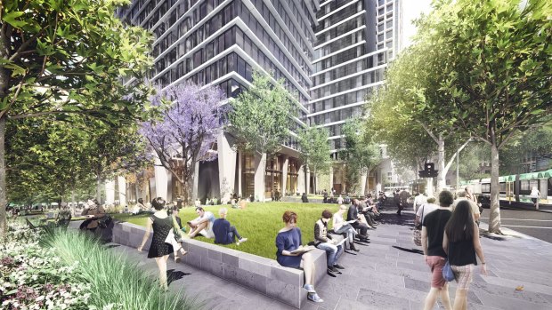 An artist's impression of a new park to be built at the corner of Market Street and Collins Street by developer CBUS. 