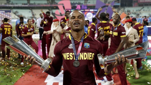 Celebrations: Marlon Samuels after West Indies' remarkable victory over England.