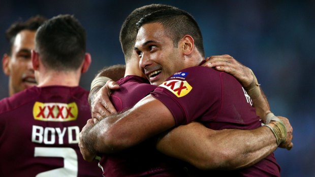 Laughing like a winner: Maroons centre Justin Hodges celebrates after game one of the State of Origin series.
