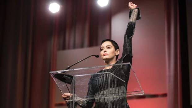Rose McGowan speaks at The Women's Convention in Detroit, October 2017. 