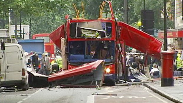 The wreckage of a London bus after bomb on board exploded in Tavistock Square, London. 