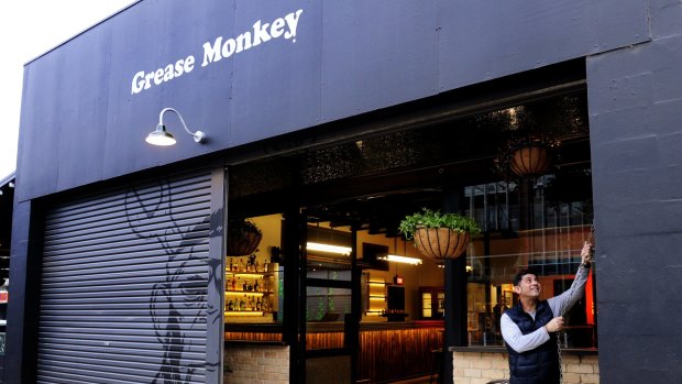 Canberra restaurateur Socrates Kochinos outside his newest venture, Grease Monkey, due to open at the end of this week in Lonsdale Street, Braddon.
