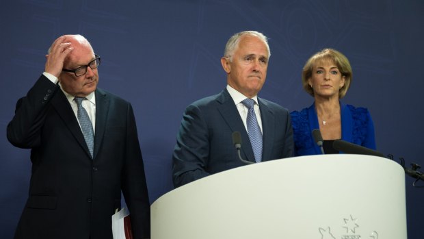 Prime Minister Malcolm Turnbull, Minister for Employment, Senator Michaelia Cash, and Attorney-General Senator George Brandis address the media after the release of thevfinal report from the Royal Commission into Trade Union Governance and Corruption in Sydney. 