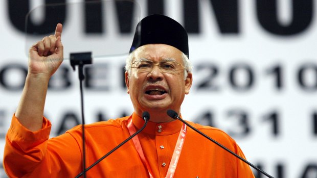 Malaysian Prime Minister Najib Razak  addresses supporters of his ruling UMNO movement.