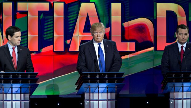 From left: Senator Marco Rubio, Donald Trump, and Senator Ted Cruz at Thursday's debate in Houston, Texas.