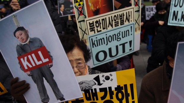 South Korean protesters attend an anti-North Korea rally in Seoul on Friday.