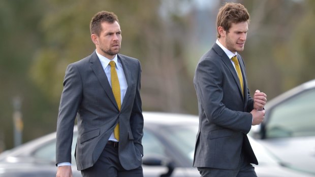Luke Hodge and Grant Birchall arrive for the funeral of Cooper Ratten.