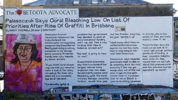 The Betoota Advocate inspired anti-Adani mural on Brunswick Street in Fortitude Valley.