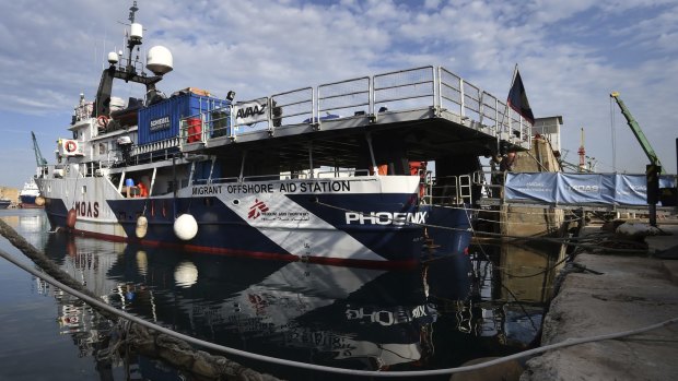 The MY Phoenix rescue boat operated by the Migrant Offshore Aid Station with help from Medecins Sans Frontieres docks in Malta before sailing to the search and rescue zone in the Mediterranean.