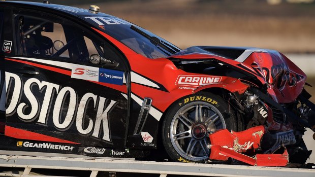 Will Davison's Commodore was badly damaged after the multi-car pile up at Symmons Plains.