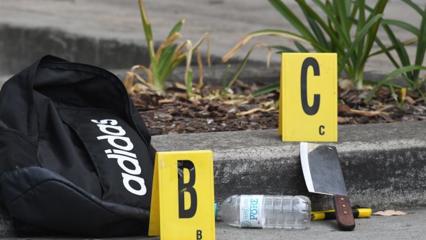 A meat cleaver, a box cutter, a kitchen knife and a pair of scissors were found next to the black Adidas bag.