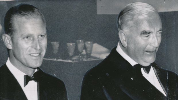 The Duke of Edinburgh (Prince Philip) sits with Prime Minister Robert Menzies in November 1956 during his visit to open the Melbourne Olympic Games.