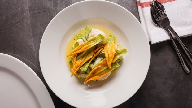 Meltingly soft, cloud-like ricotta gnudi with lightly cooked zucchini and zucchini flowers.