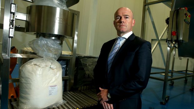 TPI Enterprises Managing Director Jarrod Ritchie with a bag of thebaine, a narcotic raw material, which has a commercial value of about $US600 a kilogram.