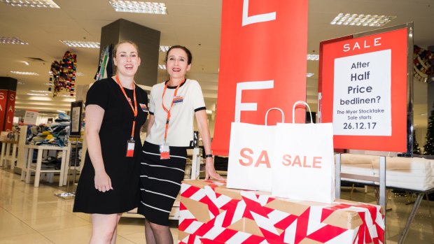 Canberra Centre Myer store manager Brigitte Pollock and Ashlea Cameron are ready for the Boxing Day sale.
