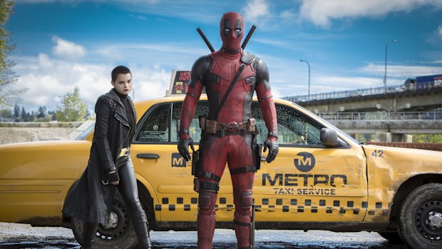 Brianna Hildebrand as Negasonic Teenage Warhead with Ryan Reynolds in <i>Deadpool</i>.