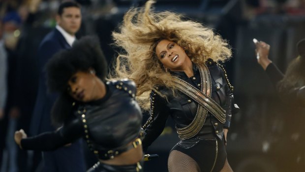 Beyonce performs during halftime of the NFL Super Bowl 50 football game in Santa Clara, California.