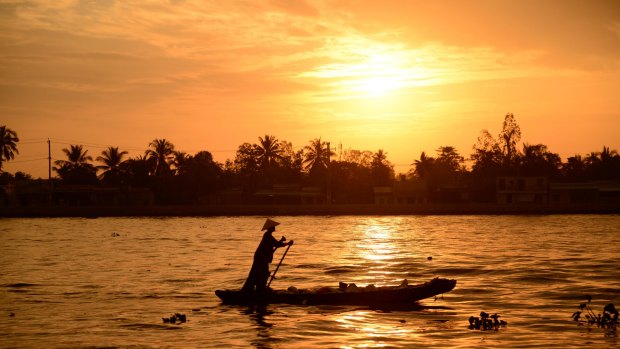 Mekong River at sunrise in Vietnam.
