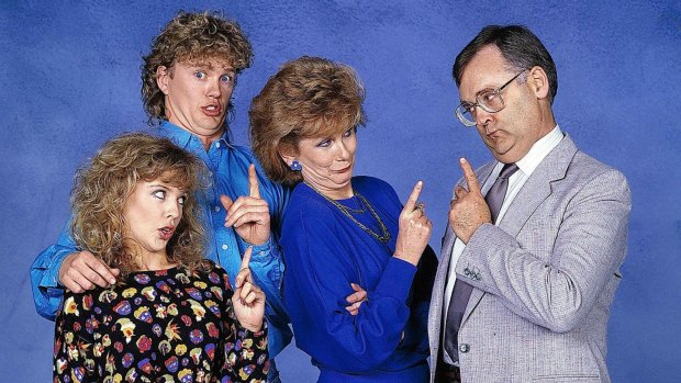 Neighbours' heyday: From left, Kylie Minogue, Craig McLachlan and characters Madge and Harold Bishop.