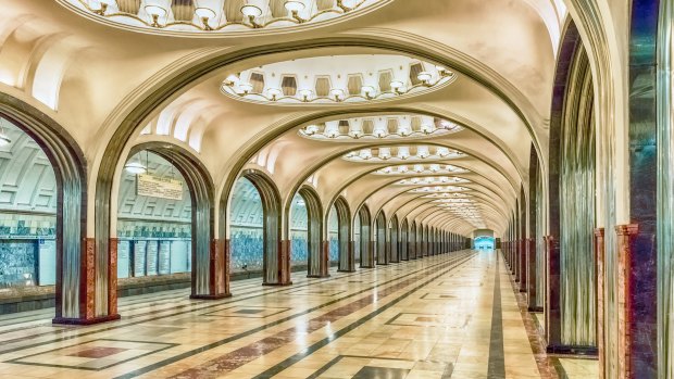 Mayakovskaya subway station in Moscow, Russia: A fine example of Stalinist architecture and one of the most famous Metro stations in the world.