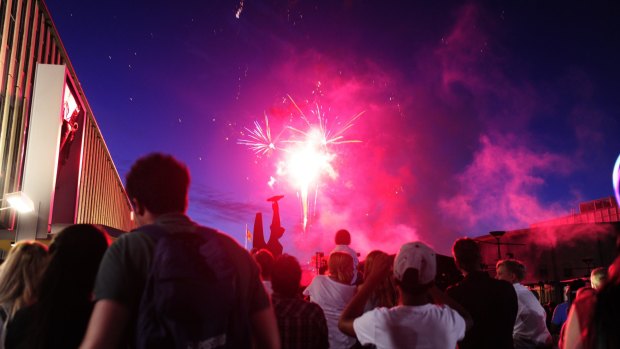 Fireworks go off during the celebration of New Year's Eve at Civic Square in Canberra.