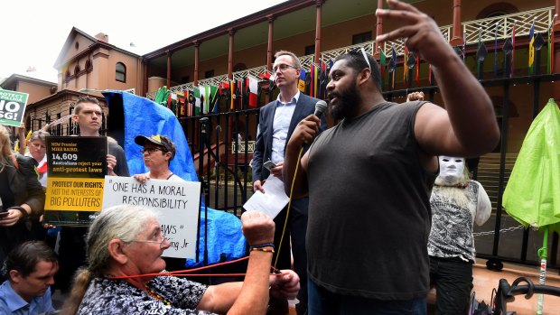 Bogaine Spearim  addresses protesters in Macquarie Street. 