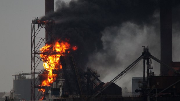 The fire at the BlueScope steel cinter plant on Monday afternoon. 
