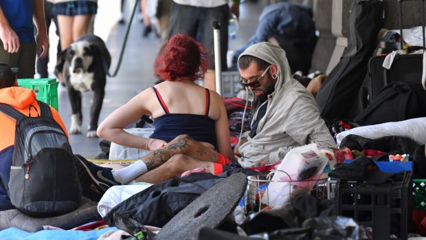 The homeless camp outside Flinders Street Station on Wednesday.