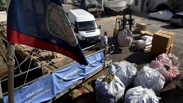 A load of lifejackets are brought to Coal wharf in Malta, to be loaded onto the MY Phoenix.