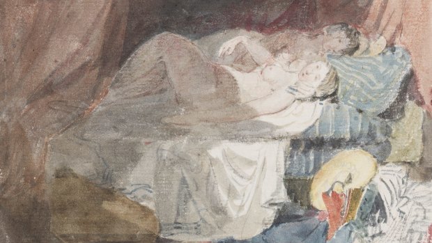 Nude Swiss girl and a companion on a bed by JMW Turner, 1802 from 'Swiss figures' sketchbook graphite and watercolour on paper. 
